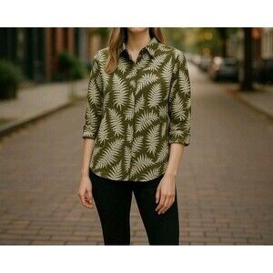 Kim Rogers Top For Women Size Medium Green White Leaf Pattern Roll Tab Sleeves N